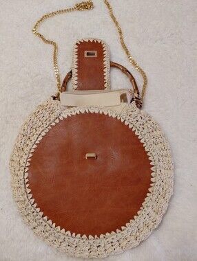 Braided Round Tote Bag with Leather Center - Cream & BrownRound Straw & Faux Lea